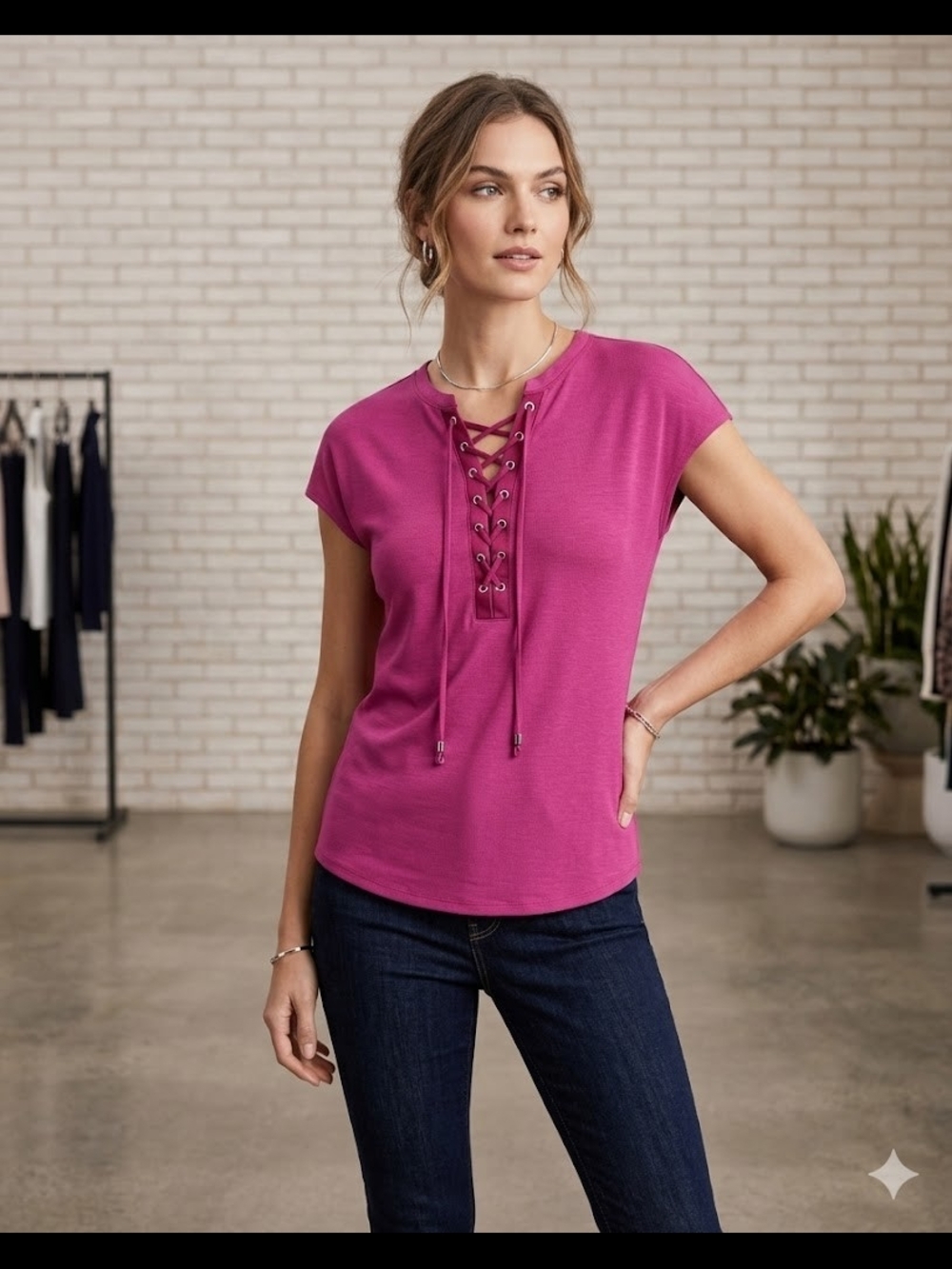 White House Black Market Lace-Up Short Sleeve Tee in Fuchsia Pink